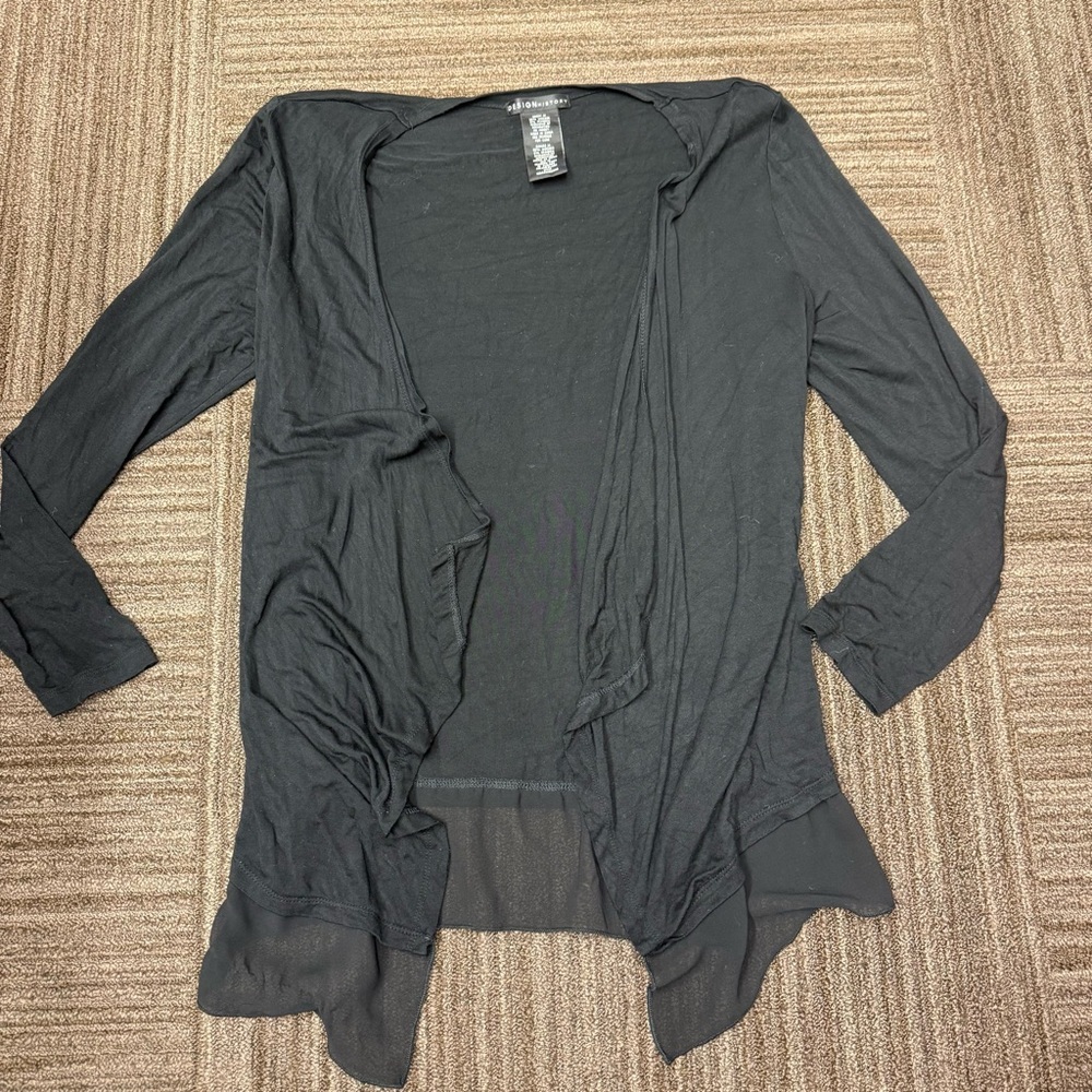 Design History Black Cardigan Flowy Mesh Hem Detail Ruffle Lightweight